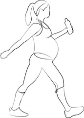 One continuous line drawing on white isolated background. Minimalism linear illustration. pregnant, water bottle, adult, outdoors, healthy lifestyle, go, walk, quick step