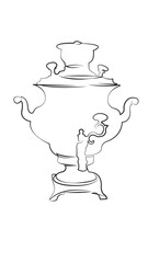 One continuous line drawing on white isolated background. Minimalism linear illustration. samovar, decoration, drink, metal, antique, old, tea, culture, traditional, tradition