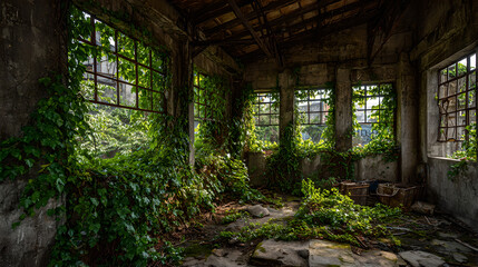 The interior of an abandoned industrial building is overtaken by lush green vines and foliage, intertwining with crumbling concrete and rusted windows, showing nature's reclaim.
