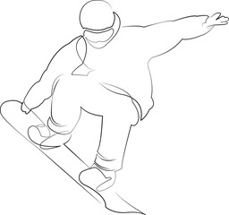 One continuous line drawing on white isolated background. Minimalism linear illustration. snow, snowboard, winter, sky, snowboarding, mountain, sport, outdoors, vacation, man, jump