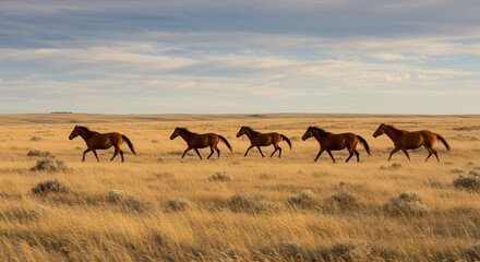 Fototapeta premium Horses Running Through a Field Under a Cloudy Sky