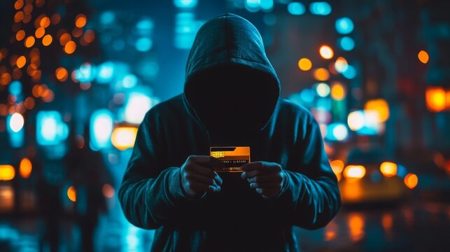 A hooded figure in a dark cityscape holds a credit card, symbolizing cybercrime or online fraud amidst blurred urban lights.