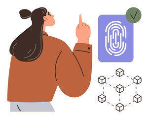 Person interacting with a fingerprint scanner for identity verification, blockchain security network, authentication process. Ideal for biometrics, technology, privacy, digital trust, innovation