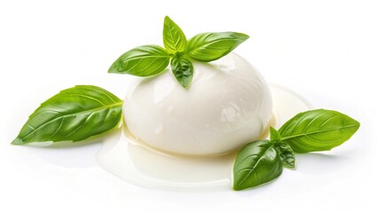 Fresh Burrata Cheese with Vibrant Basil Leaves, Studio Shot, White Background, Culinary Photography