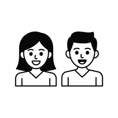 Stylized black and white line art icons of a smiling woman and man