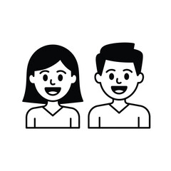 Simple black and white icon of a smiling woman and man side by side