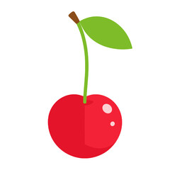 Vibrant Red Cherry with Green Stem and Leaf Isolated on White Background a Simple and Minimalist Food Illustration