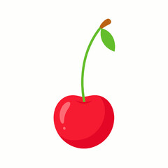 Vibrant Red Cherry with Green Stem and Leaf on a Clean White Background Single Fresh Fruit Graphic