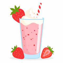 Vibrant Strawberry Milkshake with Whipped Cream and Striped Straw Detailed Pixel Art on White Backdrop for Digital Design and Retro Gaming Themes