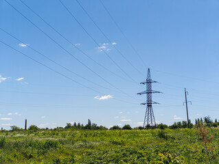 A field of green grass and power lines in the distance