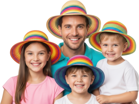 A smiling family of four wearing colorful rainbow striped sun hats on a transparent background