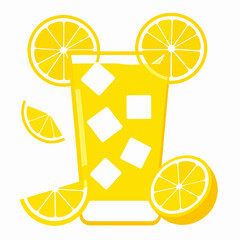 Vibrant Yellow Lemonade with Ice Cubes and Lemon Slices against White Backdrop Illustration for Refreshing Beverage