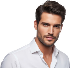 Fototapeta premium Headshot of a handsome man with styled dark hair and a beard wearing a white collared shirt