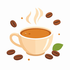 Warm Coffee Cup with Steam Surrounded by Coffee Beans and Green Leaf on White Background