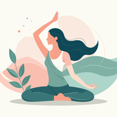 Woman in Teal Outfit Practicing Yoga Lotus Position with Floral Accents on Light Beige Background Promoting Wellness and Peaceful Meditation