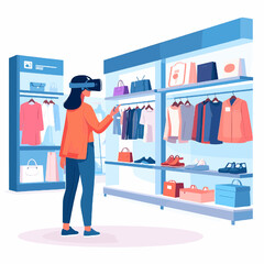 Woman Using Vr Headset Shopping in a Virtual Reality Store with Shelves of Apparel Digital Experience and Modern Technology