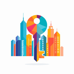Modern Cityscape Silhouette with Colorful Key Design Representing Real Estate Investment and Urban Development on a White Background