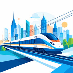 Modern High Speed Train Passing Through a Vibrant Cityscape Under a Sunny Sky With Sleek Blue and White Design