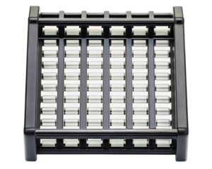 Gravity roller conveyor section with a black plastic frame on a transparent background