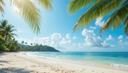 Naklejka premium The tropical beach with golden sand and turquoise waters is surrounded by lush palm trees. An island with a mountain can be seen far away against a background of blue sky and white clouds.