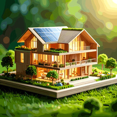 Modern Home with Solar Panels and Lush Green Surroundings Depicting Sustainability and Green Energy in an Eco Friendly Design