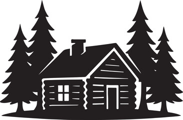 Silhouette of Log Cabin in Forest for Rustic Nature or Outdoor Concept