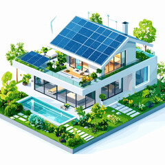 Modern White House with Solar Panels on Roof and Lush Garden Isometric View Promoting Renewable Energy and Sustainable Living in Bright Daylight
