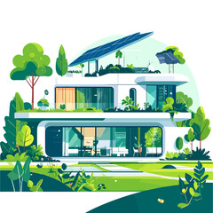 Modern White Two Story House with Solar Panels and Geometric Design Surrounded by Green Trees and Plants in Natural Lighting