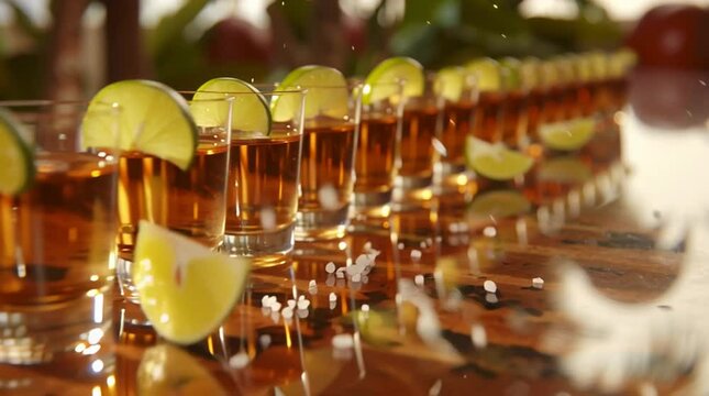 tequila shots in glasses - outdoors in a tropical setting, in front of each glass is a perfectly cut lime wedge, and a neat small pinch of salt, rack focus