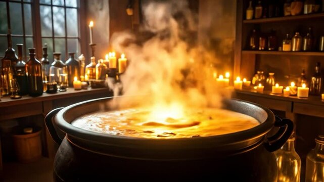 Smoky cauldron bubbles in a candlelit chamber, surrounded by potion bottles and vintage ambiance
