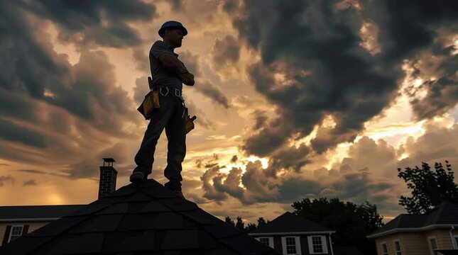 roofer with his arms crossed, a silhouette standing proudly on the  roof of a house, the sun glows with a golden hue on the horizon, roofing company advertisement