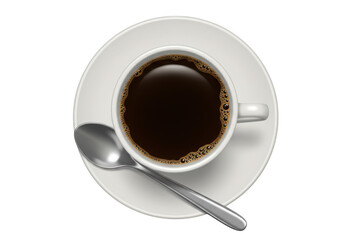 Top view of a white cup of hot black coffee with a spoon on a saucer isolated on transparent background