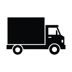 Simple black silhouette of a box truck on a white background