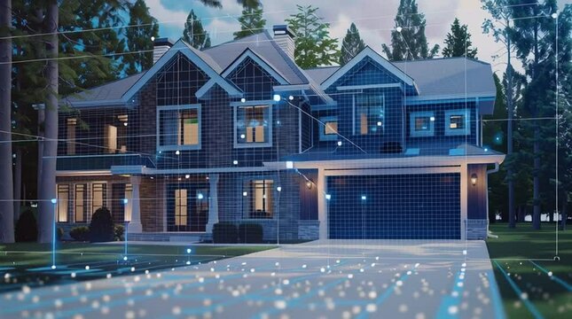 A suburban home with a digital grid covering the property - 3d animation of smart home security, protective digital boundary traces the edges of doors, windows, walls,, permiter of the yard - exterior
