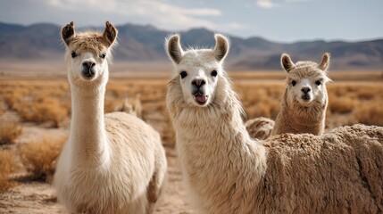 Fototapeta premium Three light colored llamas stand facing forward in a dry grassy landscape under a bright sky