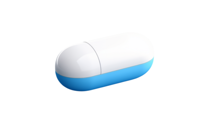 A single medical capsule features white and blue on a clean transparent backdrop.