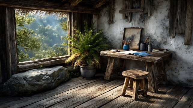 An empty old wooden house in the village with a lone table and chairs by the window