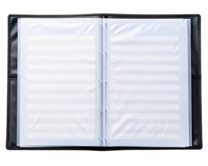Black folder with plastic sleeves for storing sheet music on a transparent background