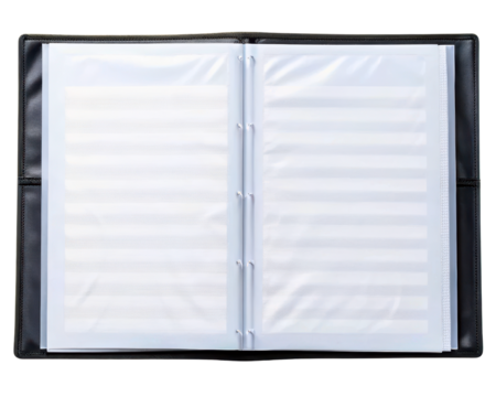 Black folder with plastic sleeves for storing sheet music on a transparent background