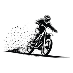 Dynamic black and white illustration of a motocross rider kicking up dirt