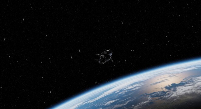 Massive spaceship over the Earth's horizon with stars in the background - Powered by Adobe