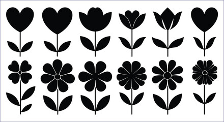 Black stylized floral silhouettes on white flower icon
