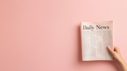 Hand holding a newspaper titled Daily News against soft pink background, minimal composition