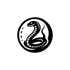 Fototapeta premium Black and white illustration of a coiled snake inside a circle, with a simple, stylized design.