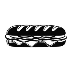 Black and white graphic illustration of a delicious layered sandwich on a white background