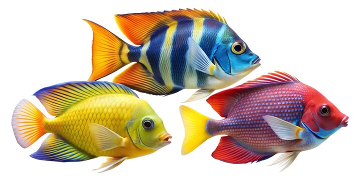 Set of colorful tropical fish swimming, isolated on a white background, showcasing vibrant marine life and underwater nature