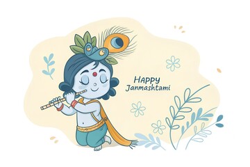 Happy Janmashtami with lord krishna hand playing the bansuri card background, Shree Krishna Janmashtami card design
