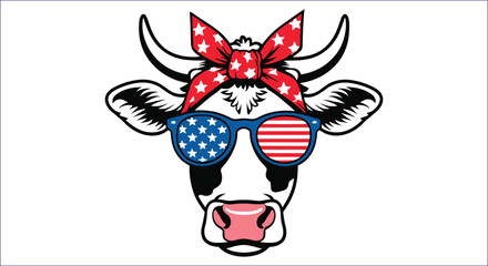 Patriotic Cow Wearing American Flag Sunglasses And Bandana animal