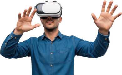 Man wearing virtual reality headset reaching out with both hands VR headset