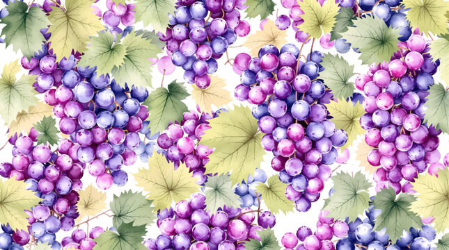 Lush watercolor grape clusters with soft green leaves, forming a rich, elegant pattern inspired by nature, vineyards, and seasonal abundance